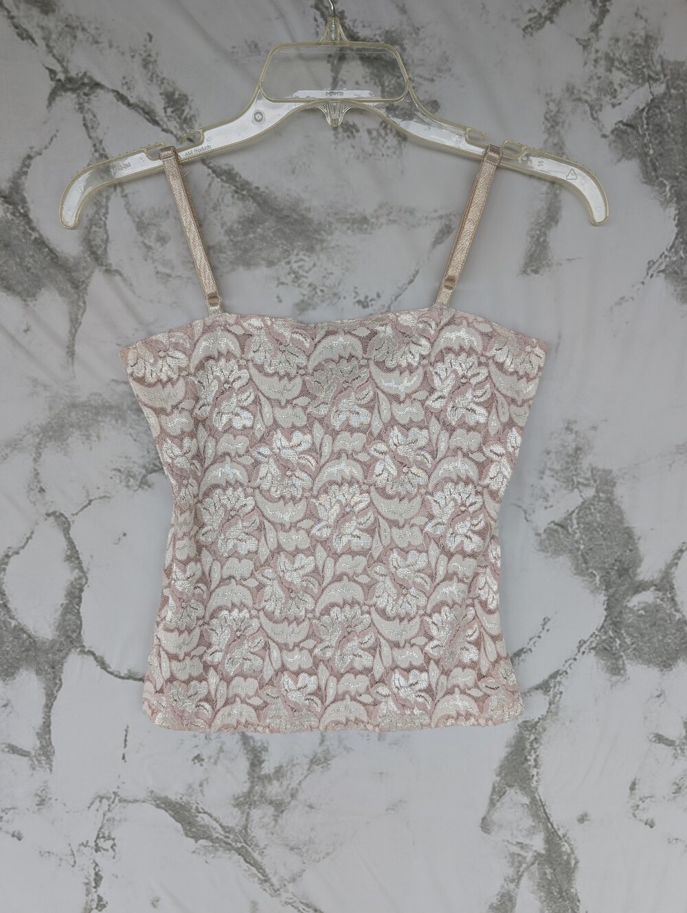 Vintage Sarah Floral Lace Cream Tan Shimmer Camisol Tank Top Women's Small